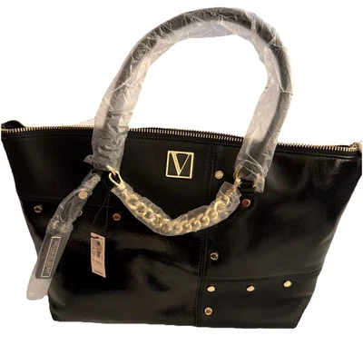 Bolso de Mano Grande Victoria's Secret Nuevo con Etiquetas Negro Dorado Tachuelas Correa Extraíble Cierre con Cremallera Foto 1 de 4