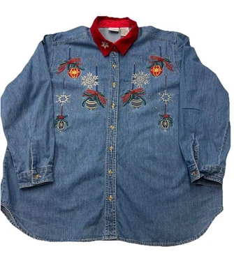Camisa Denim Bobbie Brooks Mujer Talla 22W/24W Navidad Vacaciones Adornada Usada en Excelente Condición Foto 1 de 4