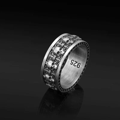 Skull Ring, Men's 925 Sterling Silver Band, Gothic Punk Style Handmade Jewelry - Image 1 of 4