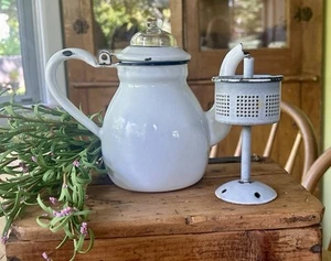 ANTIQUE FRENCH Coffee Pot PERCOLATOR Enamelware White/Black*COMPLETE*CHARMING*6” - Picture 1 of 21
