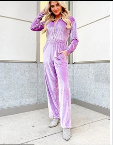 Fabletics Velour Zip-Up Wide Leg  Jumpsuit Bright Lilac Women's Size M - Picture 1 of 10