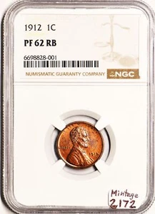 1912 Proof Lincoln Wheat Cent NGC PF-62 RB; Mintage 2172 - Picture 1 of 4
