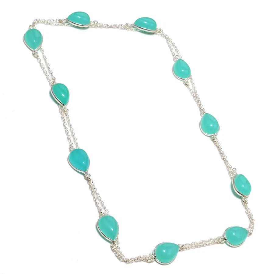 Aqua Chalcedony Gemstone Handmade 925 Sterling silver Jewelry Necklace Size 36" - Image 1 of 1