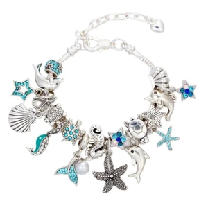 Silver Snake Chain Bracelet With Blue Crystal Ocean Life Charms Detachable Gifts - Picture 1 of 4