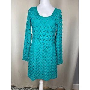 Free People Teal Crochet Knit Mini Dress Long Sleeve Boho Festival M Beachwear - Picture 1 of 3