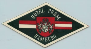 Prem Hotel ~HAMBURG - GERMANY~ seltenes / historisches altes Kofferetikett, um 1930 - Bild 1 von 2