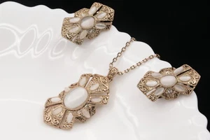 Special white resin cateye beads pendant brass plated necklace stud earrings K12 - Picture 1 of 5