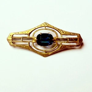 Antique 10K Gold Art Deco Blue Sapphire Glass Diamond Cut Pin Brooch - Picture 1 of 7