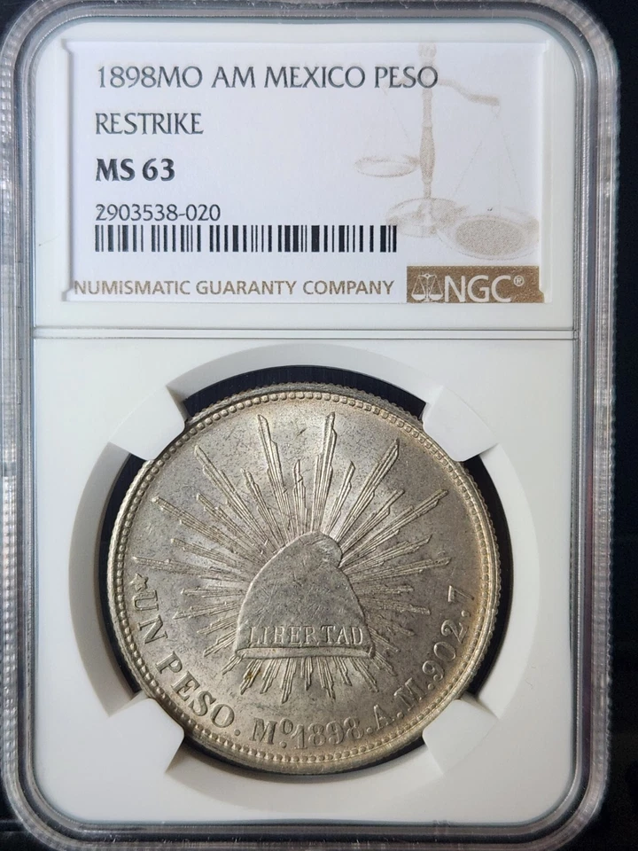 1898 MO AM Mexico PESO RESTRIKE (1949) 134 beads NGC MS63 Pop 98/279 Nice Luster - Image 1 of 4