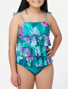 JUSTICE Girls Swimsuit Tankini Bikini Ruffle Swim Floral 7 8 S M Green Tropical - Picture 1 of 5