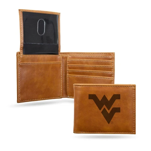 WVU Mountaineers NCAA Laser Engraved Brown Synthetic Leather Billfold Wallet Cover