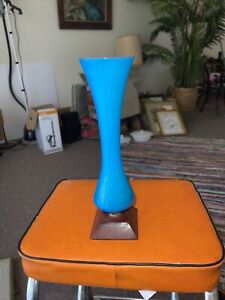 Retro Glass Blue Cased Vase 25cm Tall On Wood
