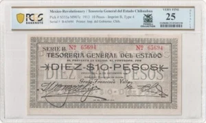 Mexico 1913 10 Pesos Imprint B Type 4 PCGS Banknote VF25 Pick #S555a M907c - Picture 1 of 2
