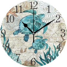 Silent Non Ticking round Wall Clock, Vintage Ocean Sea Turtle Starfish Map Home 