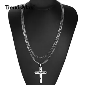 Silver Stainless Steel Cuban Link Cross Pendant Necklace Layered Set (2 Chains ) - Picture 1 of 7