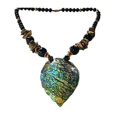 Vintage Puca Shell Large Pendant Abalone Shell Leaf Necklace Vintage Rare - Image 1 of 4