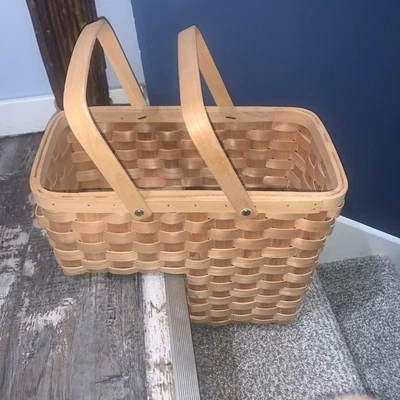 Vtg Stair Step Basket Woven Weave Double Handle Wicker - Image 1 of 4
