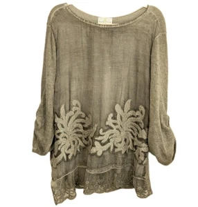 Belle France Silk Blend Lagenlook Embroidered Sequins Beige Grey Tunic Italy XL - Picture 1 of 21