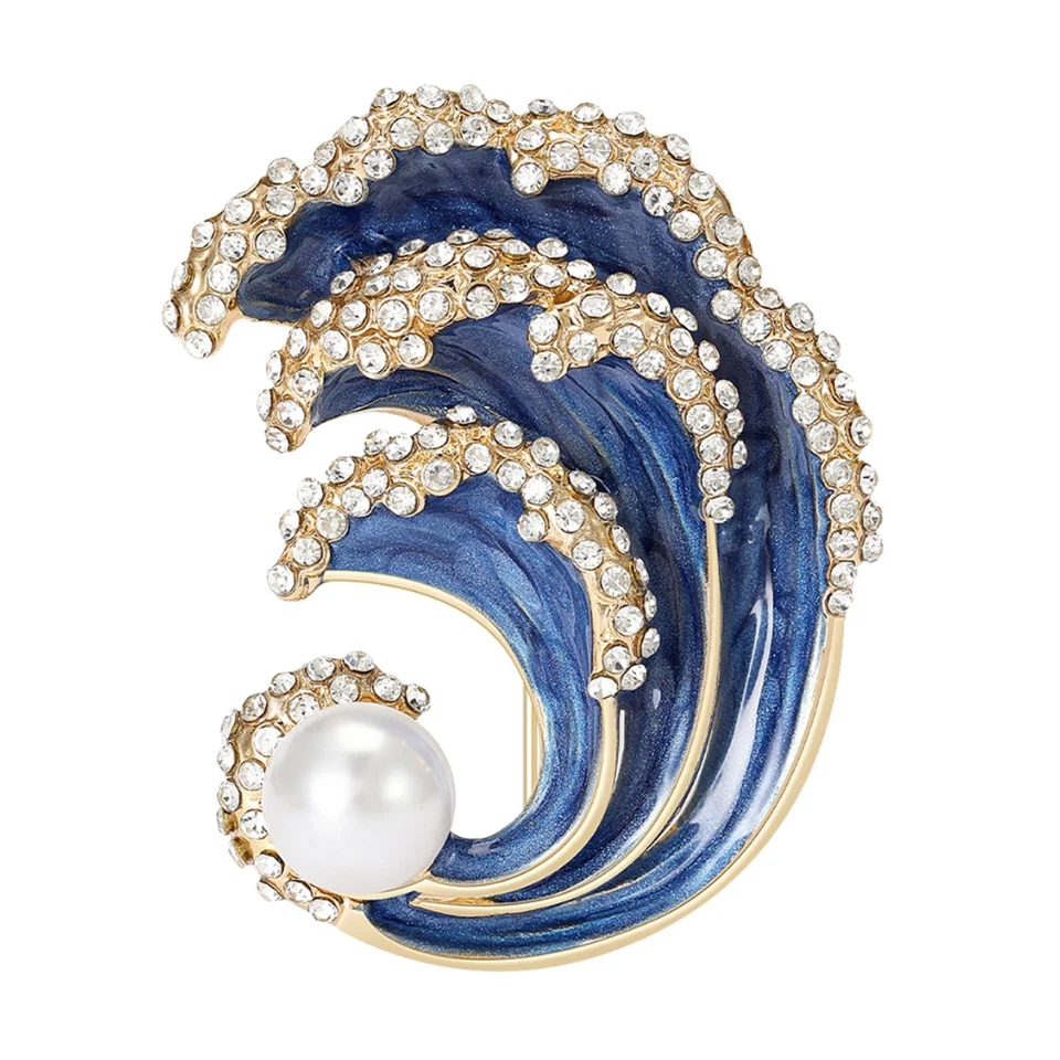 Broche Azul Onda Océano Dorado - Prendedor de Agua Perla y Estrás, Regalo Joyería de Verano Foto 1 de 4