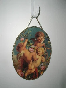 Vintage shabby ANGELS romantic Foral rose Oval Flue Cover CHERUBS chain trim - Picture 1 of 3