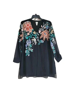 Top tunica donna Chico's nero multi ricamato foderato manica lunga Chico's 3 - Foto 1 di 11