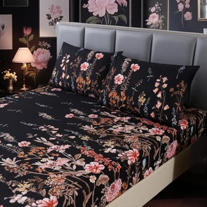 3pcs Black Floral Queen Bed Sheet,Microfiber Flower Bedding Sheet Set,Boho Be... - Picture 1 of 9