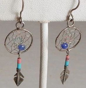 VINT DREAM CATCHER SILVER BEAD EARRINGS FEATHERS DANGLE - Picture 1 of 3