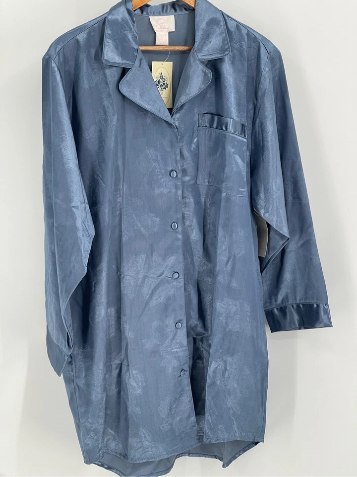 Bali Studio Pajama Shirt Satin Like Women’s Size Large Blue Roses Long Sleeve - Image 1 of 4