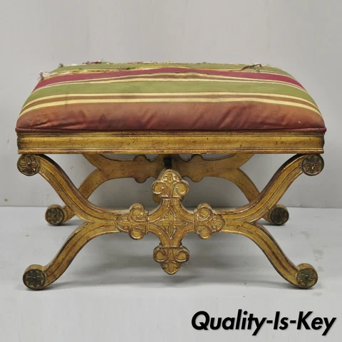 Vintage Spanish Regency Carved Wood X-Frame Gold Upholstered Stool Bench Cover