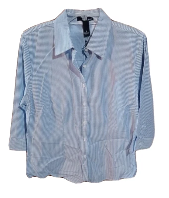 Blusa para mujer Willi Smith azul a rayas con botones mangas medias talla M Foto 1 de 2