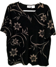 Liz Baker black floral print spandex stretch short sleeve top 1X