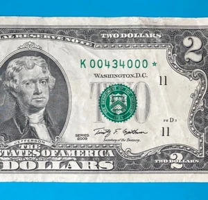 К 00434000 * : 512K $2 Two Dollar Bill Star Note 2009 (Dallas / K / 11 ) - Picture 1 of 3