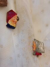 HAND CARVED PAINTED FOLK ART LADY MAN COUPLE EARRINGS SCREW BACK ANTIQUE JEWELRY