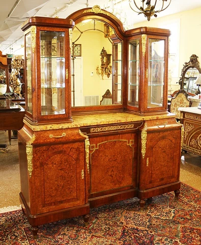 French Bronze Mounted Marble Top Inlaid Sideboard Server Buffet Circa 1910 Cover