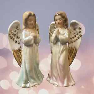 Set of 2 Vintage Enesco Porcelain Choir Angels Japan Pink Green & Gold 6” - Picture 1 of 9