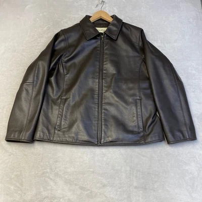Chaqueta de cuero genuino Eddie Bauer para hombre marrón oscuro cuello con cremallera completa talla L Foto 1 de 4