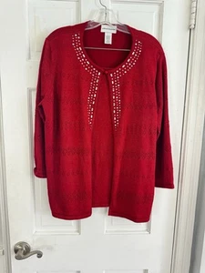 Alfred Dunner Sz L Red 3/4 Sleeve 2fer Sparkle Bejeweled Cardigan and Tank Top - Picture 1 of 12