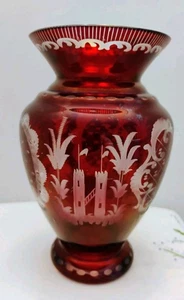 Vintage Egermann Rubinrot Glas Klar Tschechisch Böhmisch Vase Schloss, Hirsch 6" LESEN - Bild 1 von 9