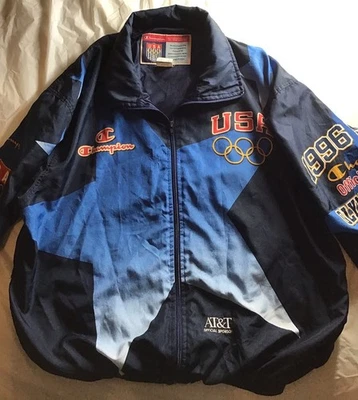 JAQUETA MASCULINA VINTAGE EQUIPE OLÍMPICA DOS EUA ATLANTA 1996 CAMPEÃO TAMANHO G AZUL OURO - Imagem 1 de 4