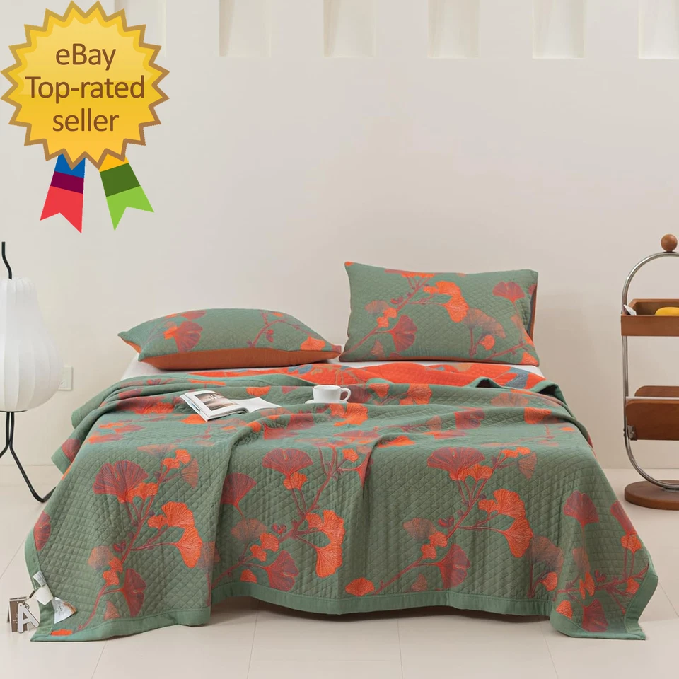 Manta de Muselina 100% Algodón Jacquard Verde Naranja Floral Hojas de Ginkgo Edredón Foto 1 de 4