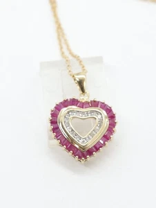 14K Yellow Gold Ruby & Diamond Heart Pendant Necklace - Picture 1 of 9
