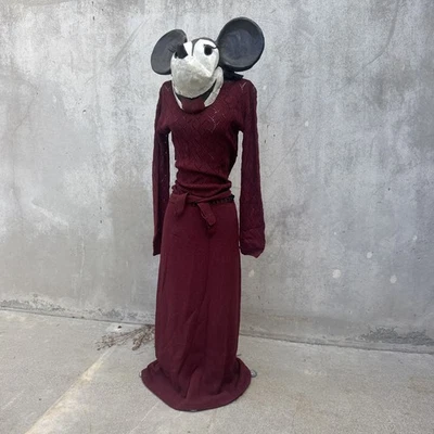 Vintage 1930s Cranberry Crochet Dress Balloon Sleeves Full Length Art Deco Knit - Image 1 of 4