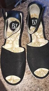 Damen Fly London's runde Peep Toe schwarzer Lederkeilabsatz Made in Italy 38 (7,5-8) - Bild 1 von 10