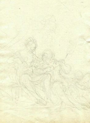 Ancien dessin au crayon 19ème siècle scène de genre avec figurines - Photo 1/4