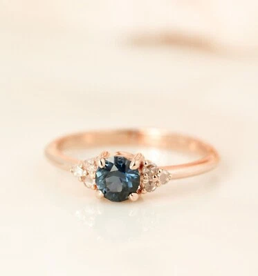1ct Round Cut Natural London Blue Topaz & Diamond 100% 14k SOLID Rose Gold Ring - Image 1 of 4