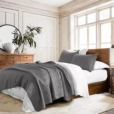 100% Cotton Quilt Set King Size, Grey Pre-washed 3-Piece Bedspread Coverlet Set, - Image 1 of 4