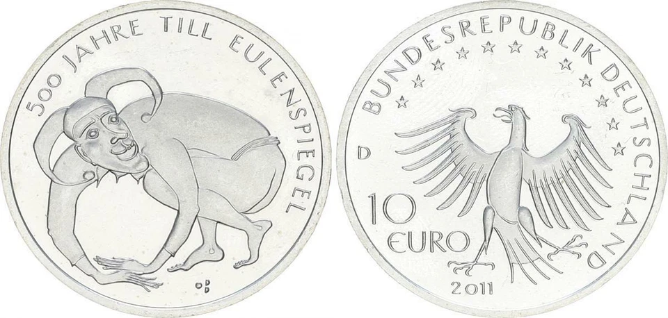 Probe Or Rondenverwechslung 10 Euro Eulenspiegel In Silver 2011 D Prfr. 61797 - Image 1 of 1