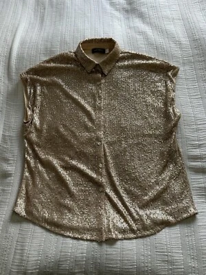 Mint Velvet Gold Sequin Short Sleeve Shirt Top Size L Button Down Party Festive - Image 1 of 4