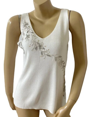 EMANUEL UNGARO Womens Size Medium Off White Beaded Sleeveless Tank Sweater Shirt - Image 1 of 4