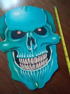 VINTAGE BIG 1970'S  HALLOWEEN CUT-OUT DOUBLE -SIDED SKULL GREENISH  BLUE  SPOOKY - Picture 1 of 3